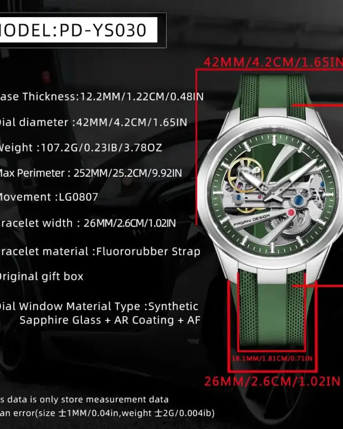 Reloj Mecánico Pagani Design para Hombre, con Cristal de Zafiro, Caja de Acero Inoxidable, Correa de Caucho, Resistente al Agua 10 Bar, Automático 2