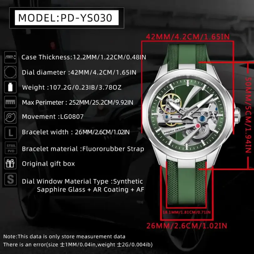 Reloj Mecánico Pagani Design para Hombre, con Cristal de Zafiro, Caja de Acero Inoxidable, Correa de Caucho, Resistente al Agua 10 Bar, Automático 2