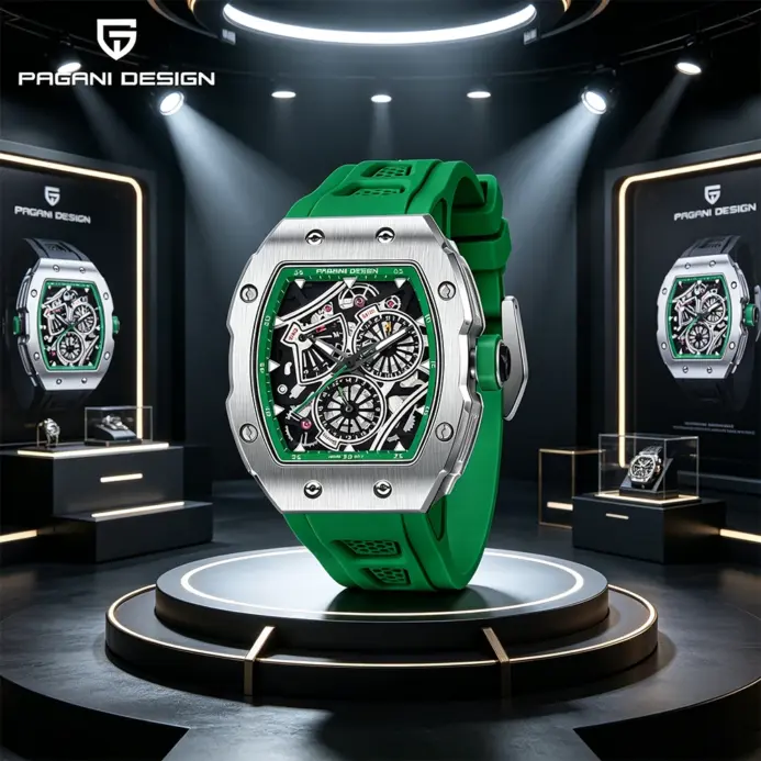 Reloj PAGANI DESIGN Skeleton, reloj automático de cuarzo para hombre, reloj de zafiro cuadrado de silicona de 41MM, reloj masculino resistente al agua 1