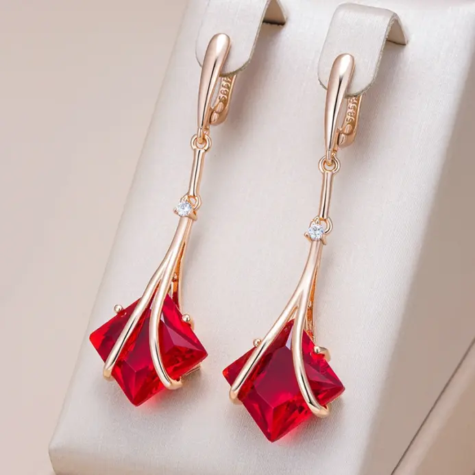Pendientes largos Kinel cuadrados de circonita Natural roja para mujer, Color oro rosa 585, joyería Vintage fina diaria de alta calidad 1