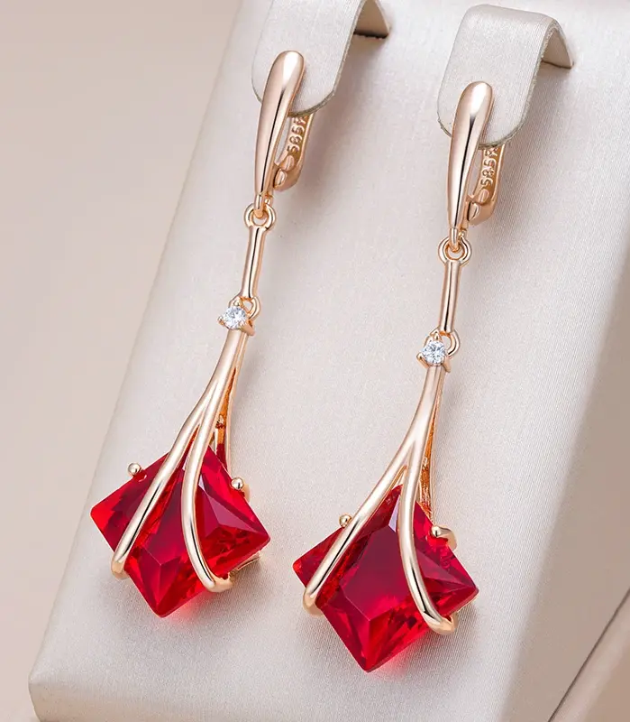Pendientes largos Kinel cuadrados de circonita Natural roja para mujer, Color oro rosa 585, joyería Vintage fina diaria de alta calidad 1
