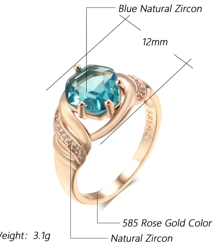 Kinel-Anillo grande de piedra azul para mujer, diseño único, Color oro rosa 585, con circonita Natural, joyería de boda Vintage 2