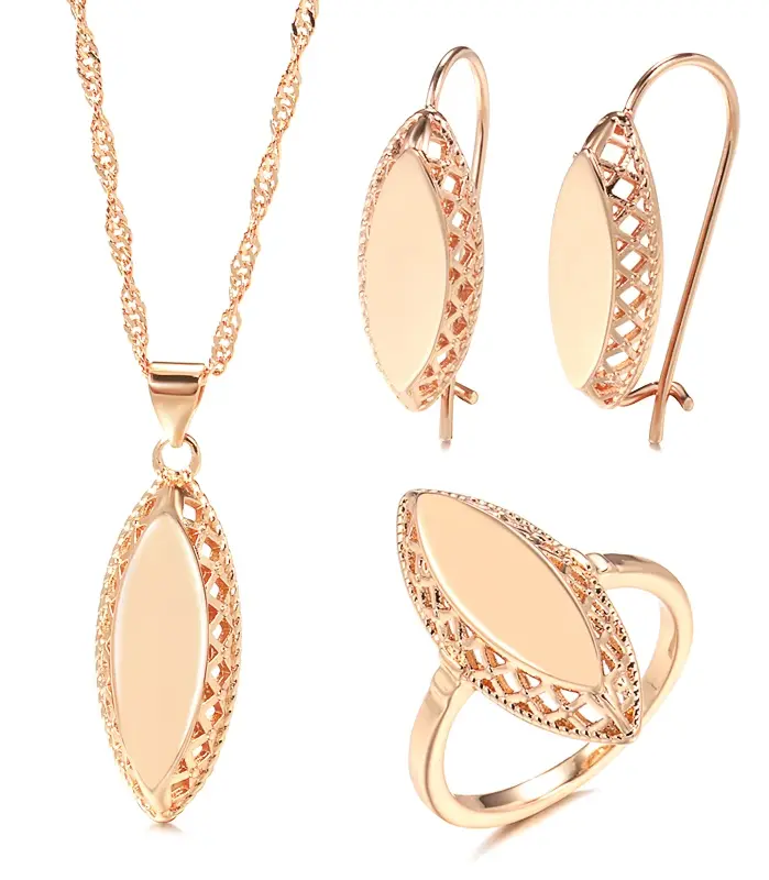Kinel-Conjunto de joyería de boda para mujer, collar brillante, pendientes, anillo, oro rosa, rombo tejido Simple, novia étnica, moda caliente, 585 1