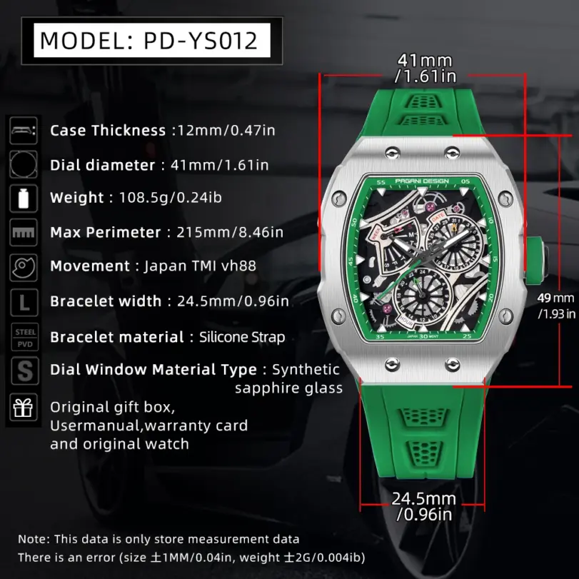 Reloj PAGANI DESIGN Skeleton, reloj automático de cuarzo para hombre, reloj de zafiro cuadrado de silicona de 41MM, reloj masculino resistente al agua 6