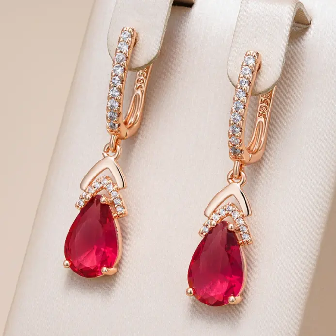 Kinel-pendientes colgantes de circonita Natural para mujer, gota de agua roja brillante, Color oro rosa 585, joyería fina para fiesta de boda Vintage para uso diario 1
