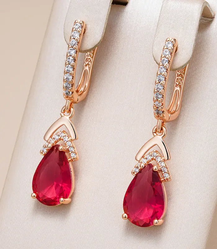 Kinel-pendientes colgantes de circonita Natural para mujer, gota de agua roja brillante, Color oro rosa 585, joyería fina para fiesta de boda Vintage para uso diario 1