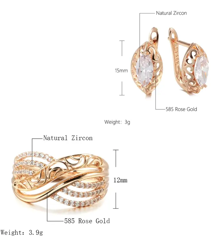 Kinel-Conjunto de anillos y pendientes de boda para novia, aretes de lujo, flor hueca de oro rosa 585, circón Natural, tendencia Vintage, joyería diaria 2