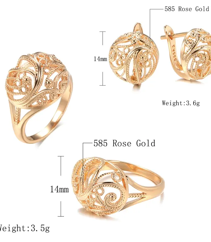 Kinel-Conjunto de pendientes y anillos para mujer, aretes con patrón hueco de oro rosa, moda étnica, conjunto de joyería para boda, 585 2