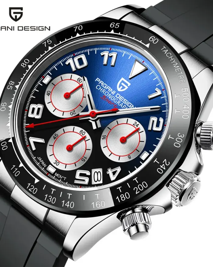 PAGANI DESIGN-Reloj analógico con correa de goma para Hombre, accesorio de pulsera de cuarzo resistente al agua con cronógrafo, movimiento japonés VK63, cristal de zafiro 1