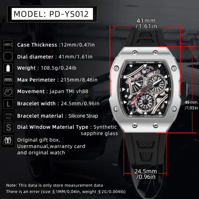 Reloj de pulsera PAGANI DESIGN YS012 para hombre, reloj de cuarzo con esqueleto, movimiento japonés TMI VH88, correa de silicona, cristal de zafiro, resistente al agua 3