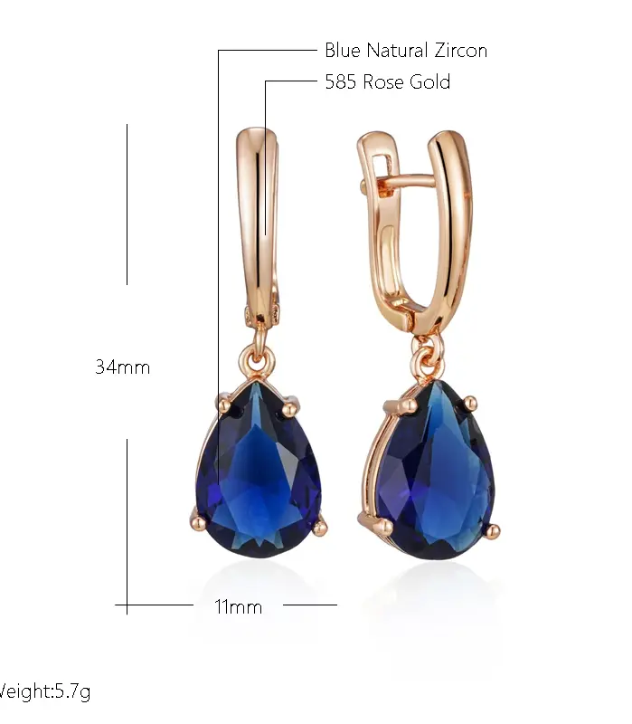 Kinel-pendientes largos con forma de gota de agua para mujer, aretes colgantes de color azul oscuro, Color oro rosa 585, circonita Natural, joyería diaria 2