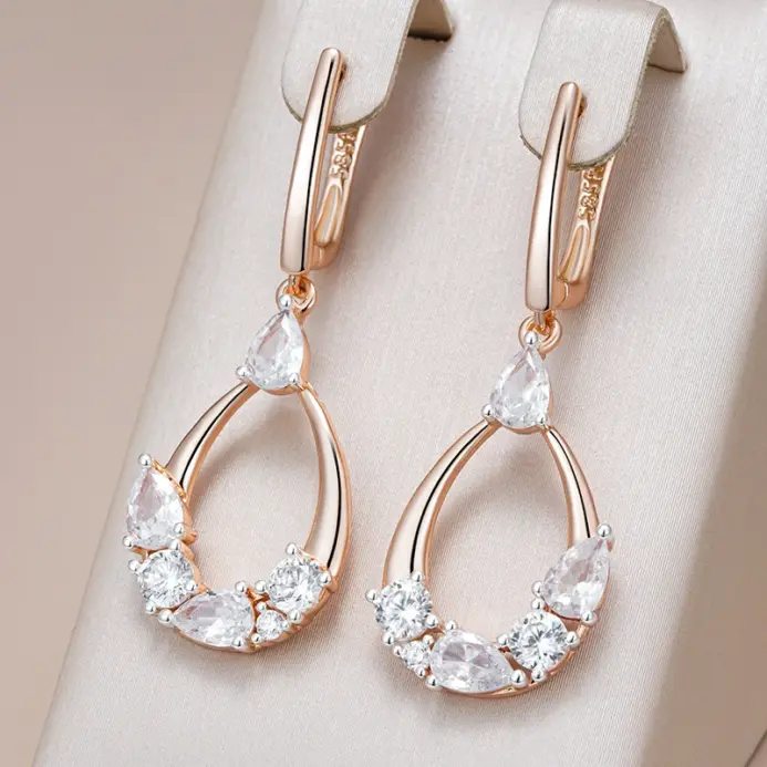 Kinel-pendientes largos de circonita Natural para mujer, aretes de lujo, Color oro rosa y plata 585, diseño único, joyería de boda para novia 1