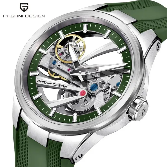 Reloj Mecánico Pagani Design para Hombre, con Cristal de Zafiro, Caja de Acero Inoxidable, Correa de Caucho, Resistente al Agua 10 Bar, Automático 1