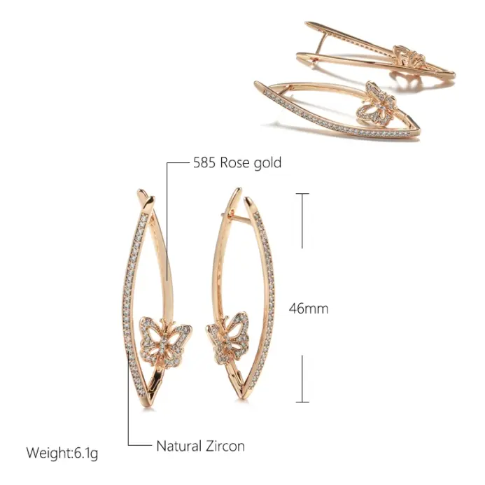 Kinel nueva moda pendientes de mariposa geométricos 2022 Micro incrustaciones de circón Natural 585 pendiente de gota larga de oro rosa joyería Vintage 2