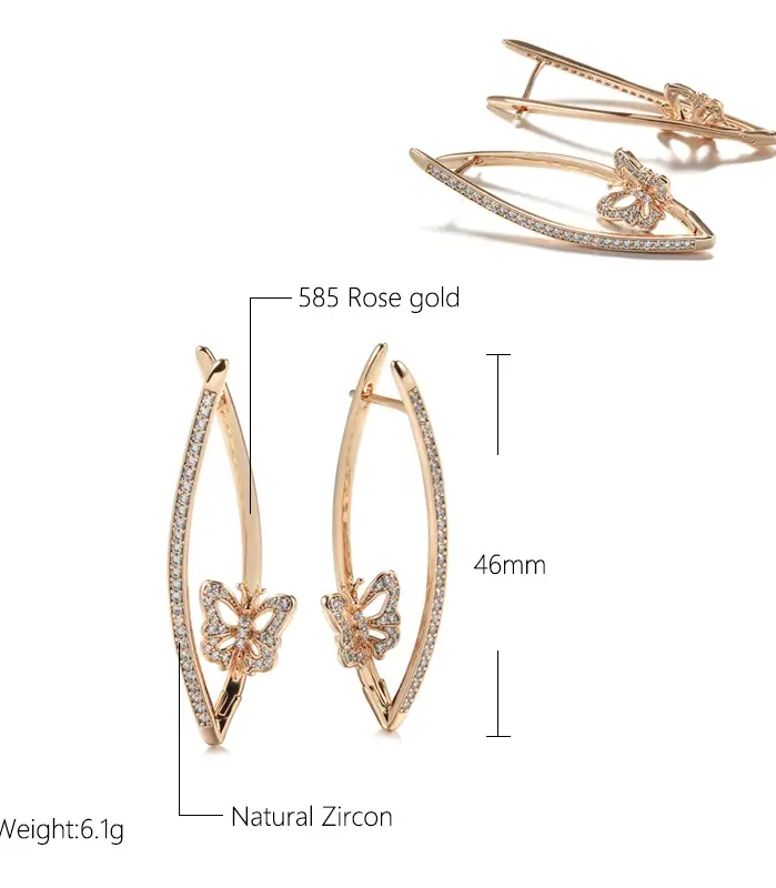 Kinel nueva moda pendientes de mariposa geométricos 2022 Micro incrustaciones de circón Natural 585 pendiente de gota larga de oro rosa joyería Vintage 2