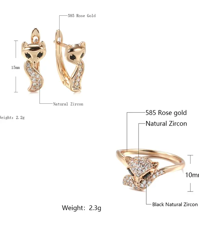 Conjunto de anillos y pendientes de zorro para mujer, moda 585, Color oro rosa, accesorios de circón Natural, conjuntos de joyería de animales para niños 2