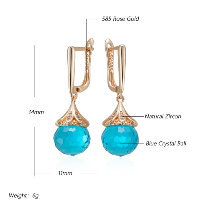 Kinel, pendientes colgantes de bola de cristal azul de lujo para mujer, moda 585, Color oro rosa, accesorios de circón Natural, joyería fina diaria 2