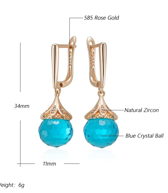 Kinel, pendientes colgantes de bola de cristal azul de lujo para mujer, moda 585, Color oro rosa, accesorios de circón Natural, joyería fina diaria 2