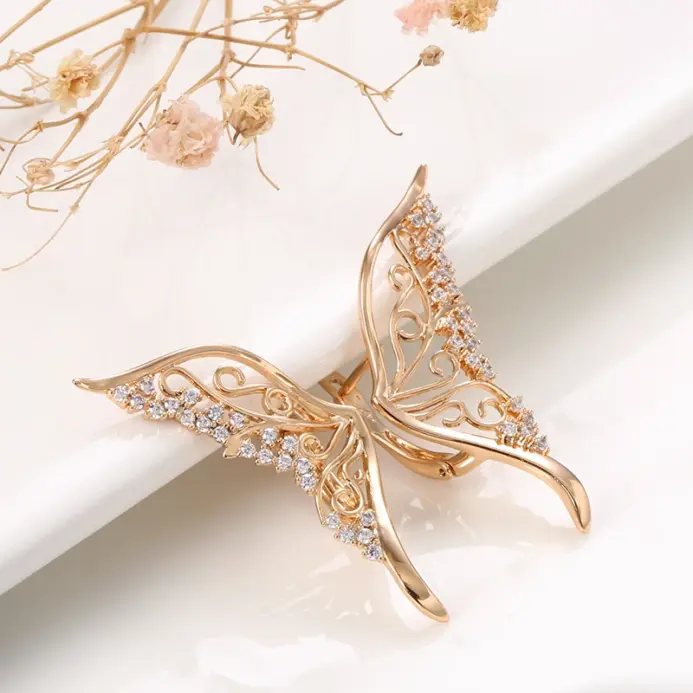 Kinel-pendientes de lujo de oro rosa 585, circonita Natural ostentosa, deslumbrante pendiente de mariposa hueca, regalo de joyería de boda 2