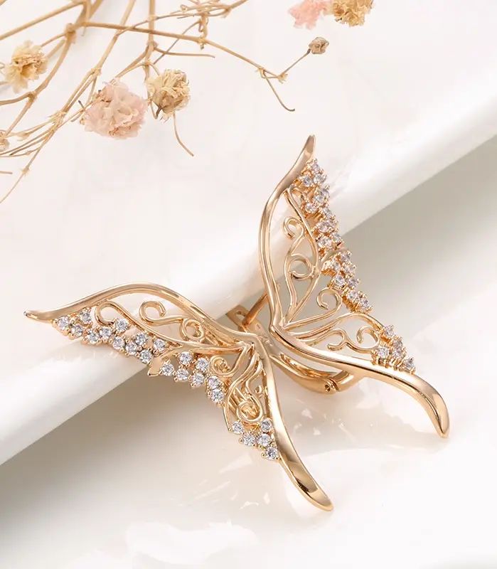 Kinel-pendientes de lujo de oro rosa 585, circonita Natural ostentosa, deslumbrante pendiente de mariposa hueca, regalo de joyería de boda 2