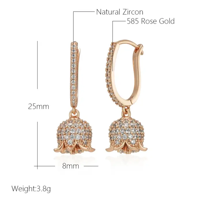 Kienl-pendiente de gota largo de circonita Natural brillante para mujer, Color oro rosa 585, flor de cristal única, joyería Vintage diaria 2