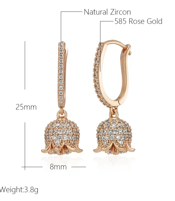 Kienl-pendiente de gota largo de circonita Natural brillante para mujer, Color oro rosa 585, flor de cristal única, joyería Vintage diaria 2