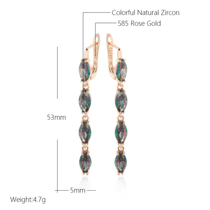 Pendientes largos geométricos coloridos de circonita Natural para mujer, accesorios 585 de Color oro rosa, joyería fina diaria 2