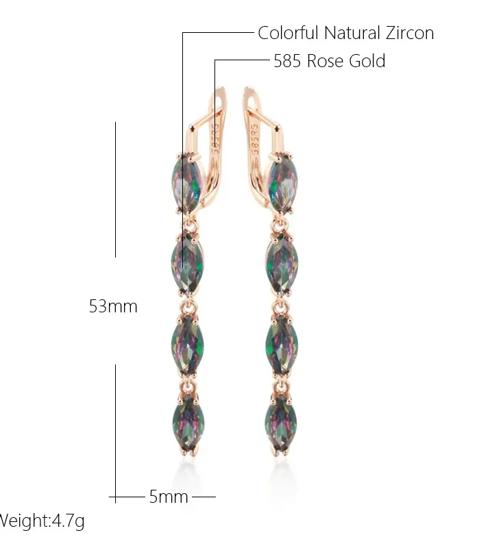 Pendientes largos geométricos coloridos de circonita Natural para mujer, accesorios 585 de Color oro rosa, joyería fina diaria 2
