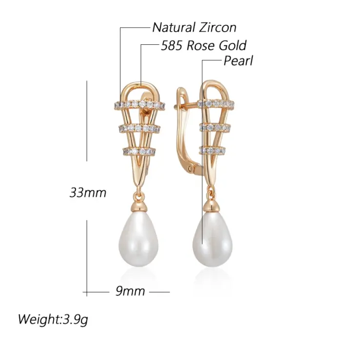 Kinel-pendientes de gota de agua con perlas para mujer, aretes de lujo, Color oro rosa 585, accesorios de circón Natural, joyería fina diaria 2