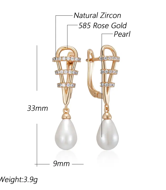 Kinel-pendientes de gota de agua con perlas para mujer, aretes de lujo, Color oro rosa 585, accesorios de circón Natural, joyería fina diaria 2