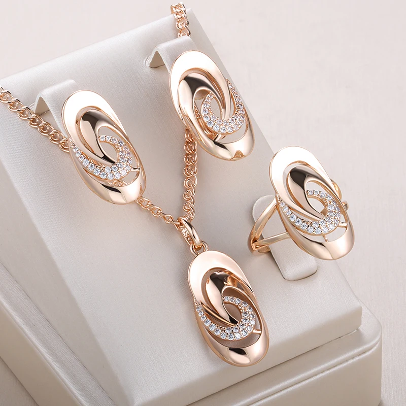 Conjunto de joyería fina para mujer, geometría inusual, brillante, para uso diario, Color oro rosa 585, circonita Natural, anillo grande, pendientes, collar 1 Conjunto de joyería fina para mujer, geometría inusual, brillante, para uso diario, Color oro rosa 585, circonita Natural, anillo grande, pendientes, collar 1
