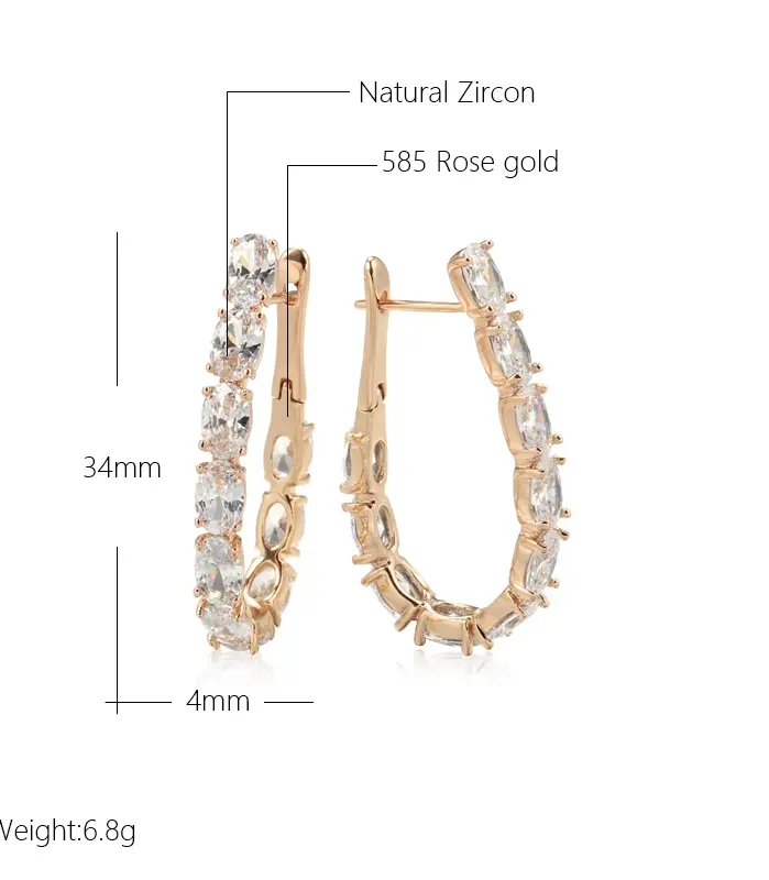 Kinel nueva moda 585 pendientes de aro de Color oro rosa para mujer joyería de boda Vintage pendientes grandes de circón Natural de lujo en inglés 2