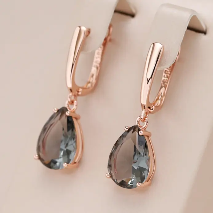 Kinel-pendientes largos con forma de gota de agua para mujer, aretes colgantes de cristal gris, Color oro rosa 585, con circón Natural, joyería diaria de alta calidad 1