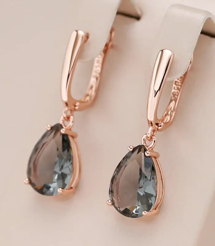 Kinel-pendientes largos con forma de gota de agua para mujer, aretes colgantes de cristal gris, Color oro rosa 585, con circón Natural, joyería diaria de alta calidad 1