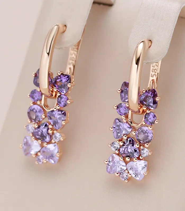 Pendientes Kinel de gota de circón Natural púrpura brillante para mujer tendencia 585 Color oro rosa novia boda joyería fina regalo de cristal 1