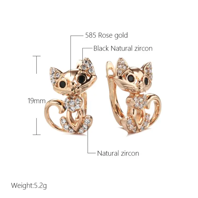 Kinel, nuevos pendientes de gato bonitos de oro rosa 585 para mujer, Micro incrustaciones de cera, pendiente de circón Natural, joyería de moda para fiesta de cumpleaños para niña 2
