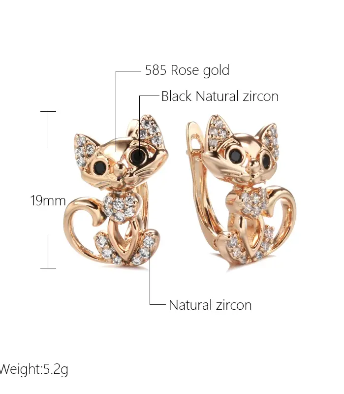 Kinel, nuevos pendientes de gato bonitos de oro rosa 585 para mujer, Micro incrustaciones de cera, pendiente de circón Natural, joyería de moda para fiesta de cumpleaños para niña 2