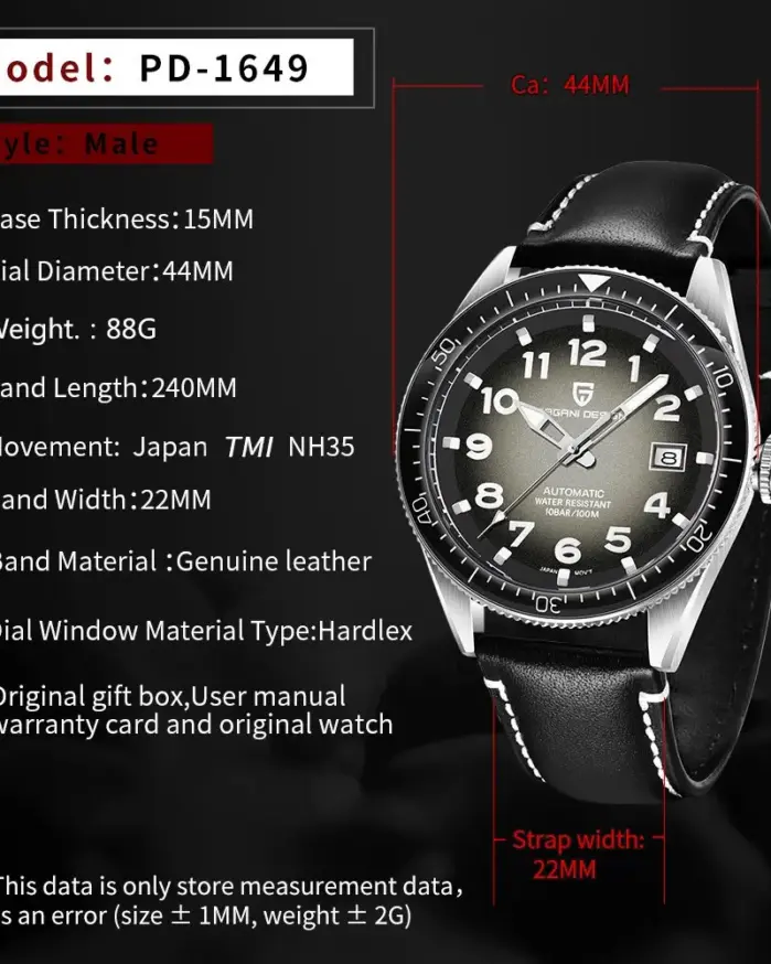 PAGANI DESIGN PD-1649 reloj mecánico automático para hombre Japón NH35A Movt correa de cuero 10Bar reloj de pulsera de lujo resistente al agua para hombre 2