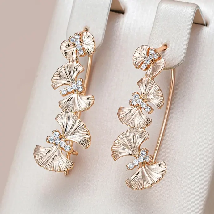 Kienl-pendientes largos de gota con flor de cristal Vintage para mujer, Color oro rosa 585, accesorios de circón Natural brillante, joyería fina diaria 1
