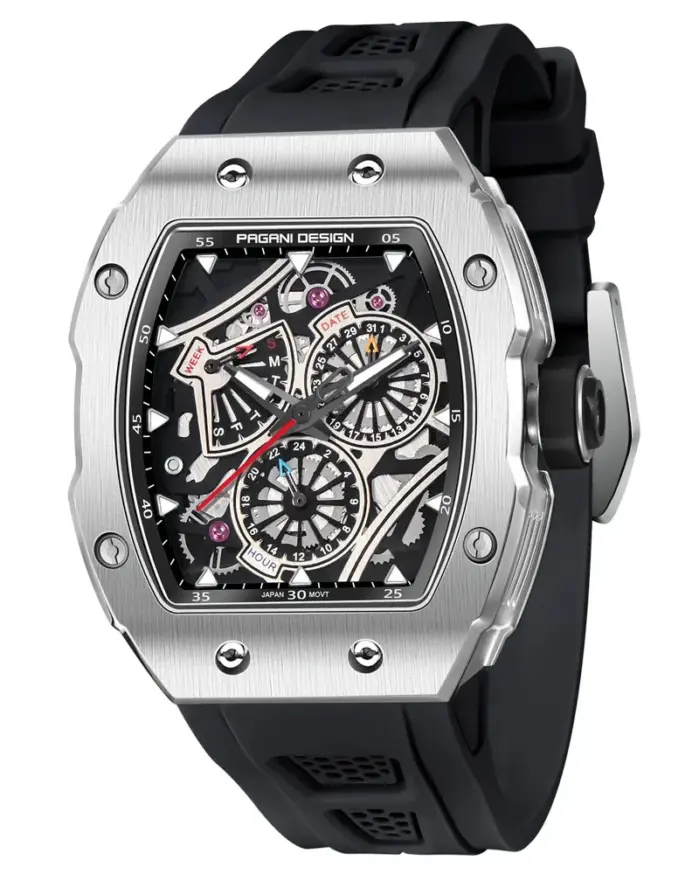 Reloj de pulsera PAGANI DESIGN YS012 para hombre, reloj de cuarzo con esqueleto, movimiento japonés TMI VH88, correa de silicona, cristal de zafiro, resistente al agua 2