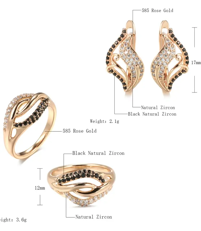 Kinel-Conjunto de anillos y pendientes de mariposa para mujer, sortija de circonita Natural de oro rosa 585, conjuntos de joyería creativos inusuales 2