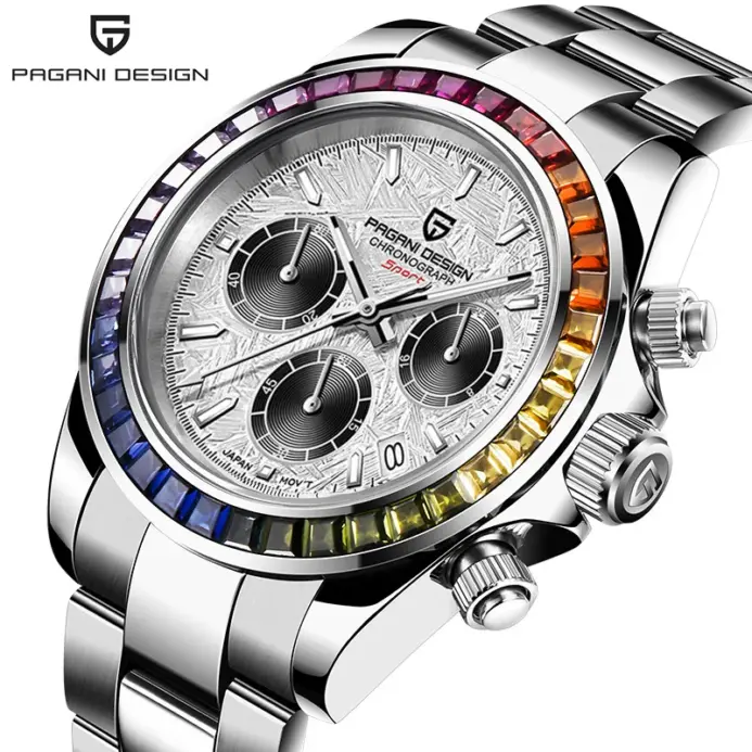 PAGANI DESIGN PD-1644 Reloj deportivo con bisel de arcoíris para hombre, reloj de cuarzo de acero inoxidable resistente al agua 100M, cronógrafo de zafiro VK63 1