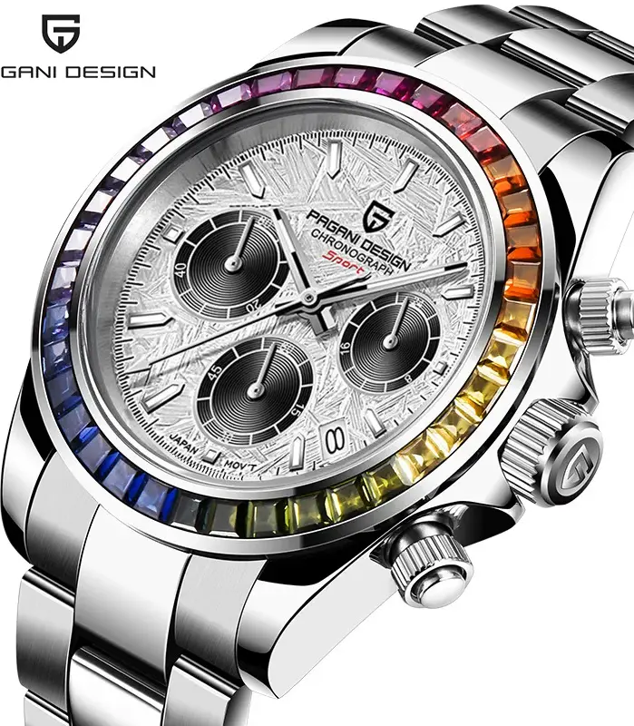 PAGANI DESIGN PD-1644 Reloj deportivo con bisel de arcoíris para hombre, reloj de cuarzo de acero inoxidable resistente al agua 100M, cronógrafo de zafiro VK63 1