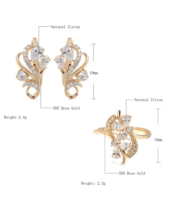 Kinel-Conjunto de anillos y pendientes de flores de cristal de oro rosa 585 de lujo para mujer, conjuntos de joyería Vintage de boda nupcial de circón Natural 2