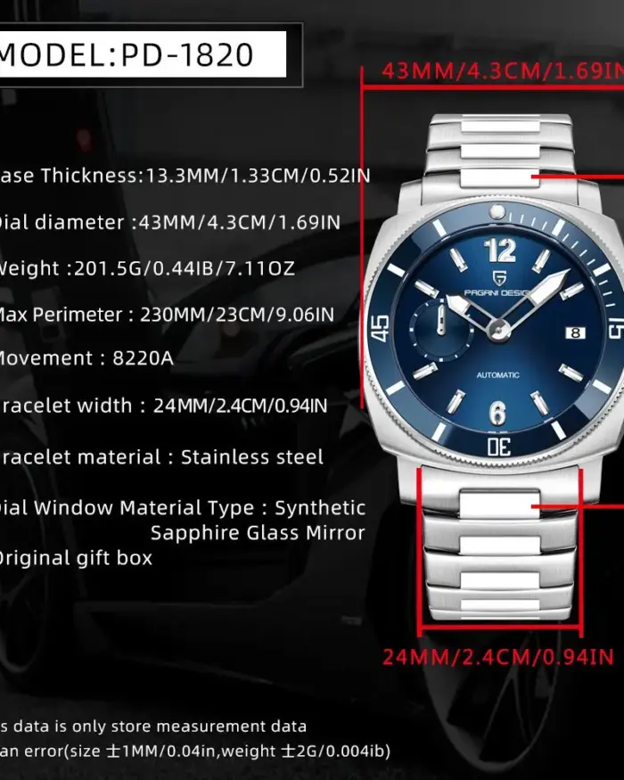 PAGANI DESIGN PD-1820 relojes mecánicos con fecha para hombre, reloj automático resistente al agua con cristal de zafiro de acero inoxidable luminoso de 10bar 2