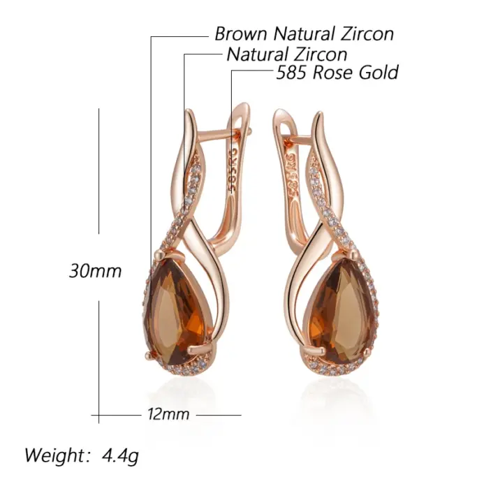 Kinel-pendientes ingleses de circonita Natural para mujer, color marrón claro, gotas de agua, Color oro rosa 585, joyería diaria de alta calidad 2