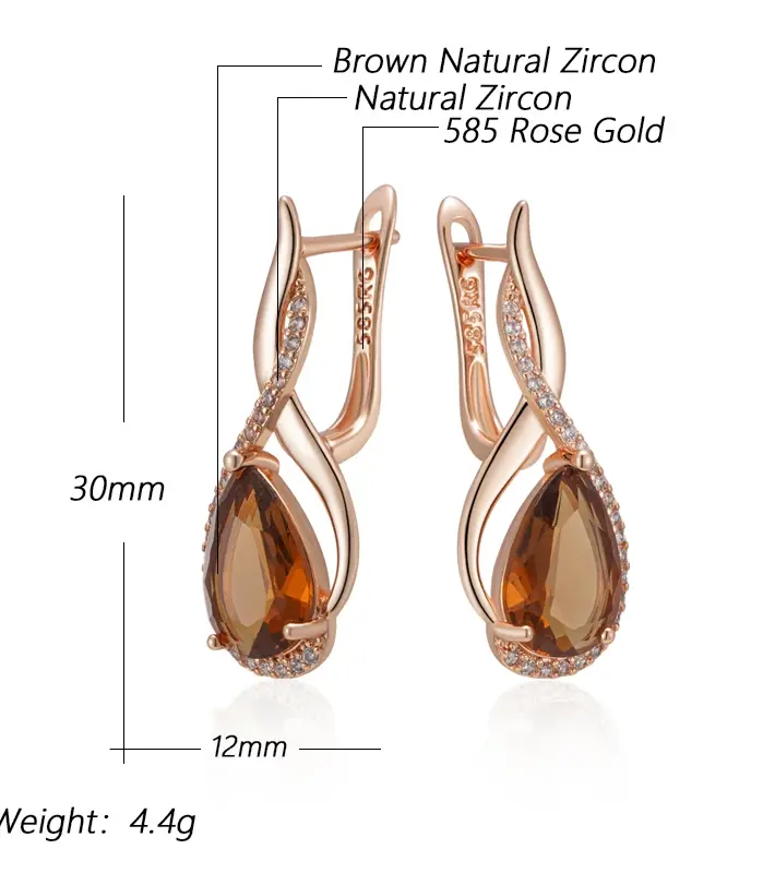 Kinel-pendientes ingleses de circonita Natural para mujer, color marrón claro, gotas de agua, Color oro rosa 585, joyería diaria de alta calidad 2