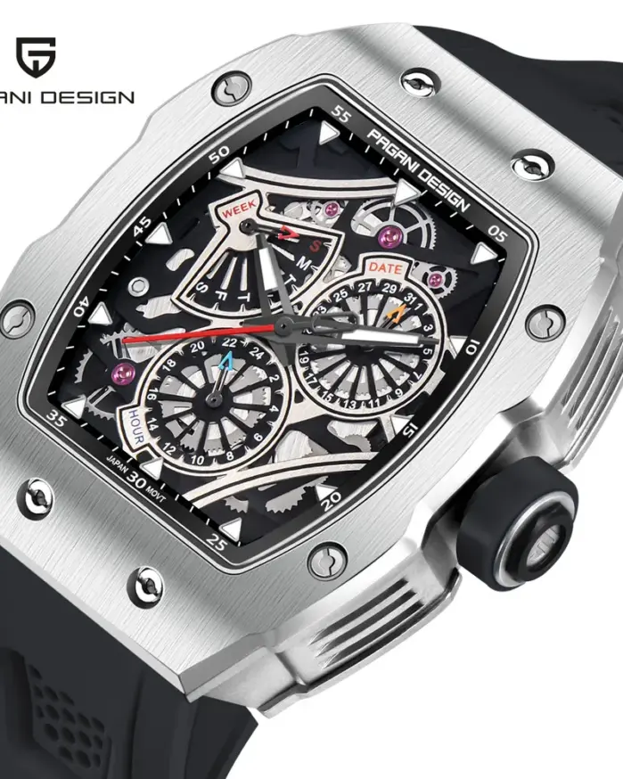 Reloj de pulsera PAGANI DESIGN YS012 para hombre, reloj de cuarzo con esqueleto, movimiento japonés TMI VH88, correa de silicona, cristal de zafiro, resistente al agua 1