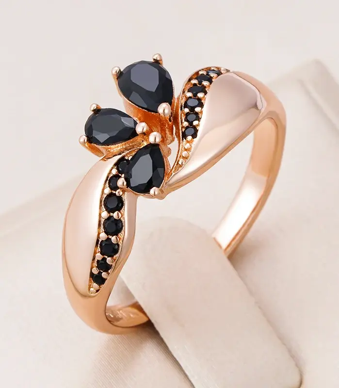 Anillo de circón Natural negro para mujer, moda 585, Color oro rosa, flor de cristal, anillo de novia, joyería Vintage fina diaria 1
