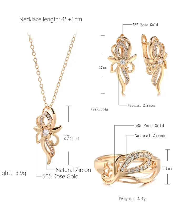 Kinel-Conjunto de joyería de boda para mujer, 3 uds., oro rosa 585, flor de circón Natural, pendiente, collar, anillo, regalo 2